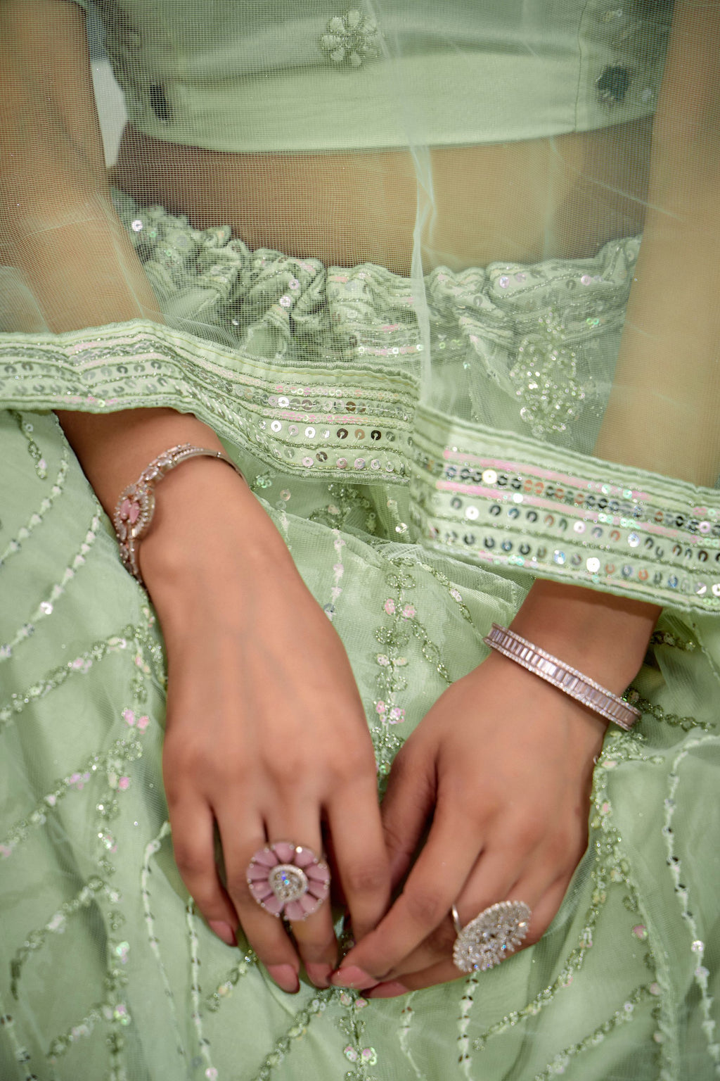 Light Pista Net Lehenga Choli For Indian Festival & Weddings - Thread Embroidery Work, Sequence Embroidery Work