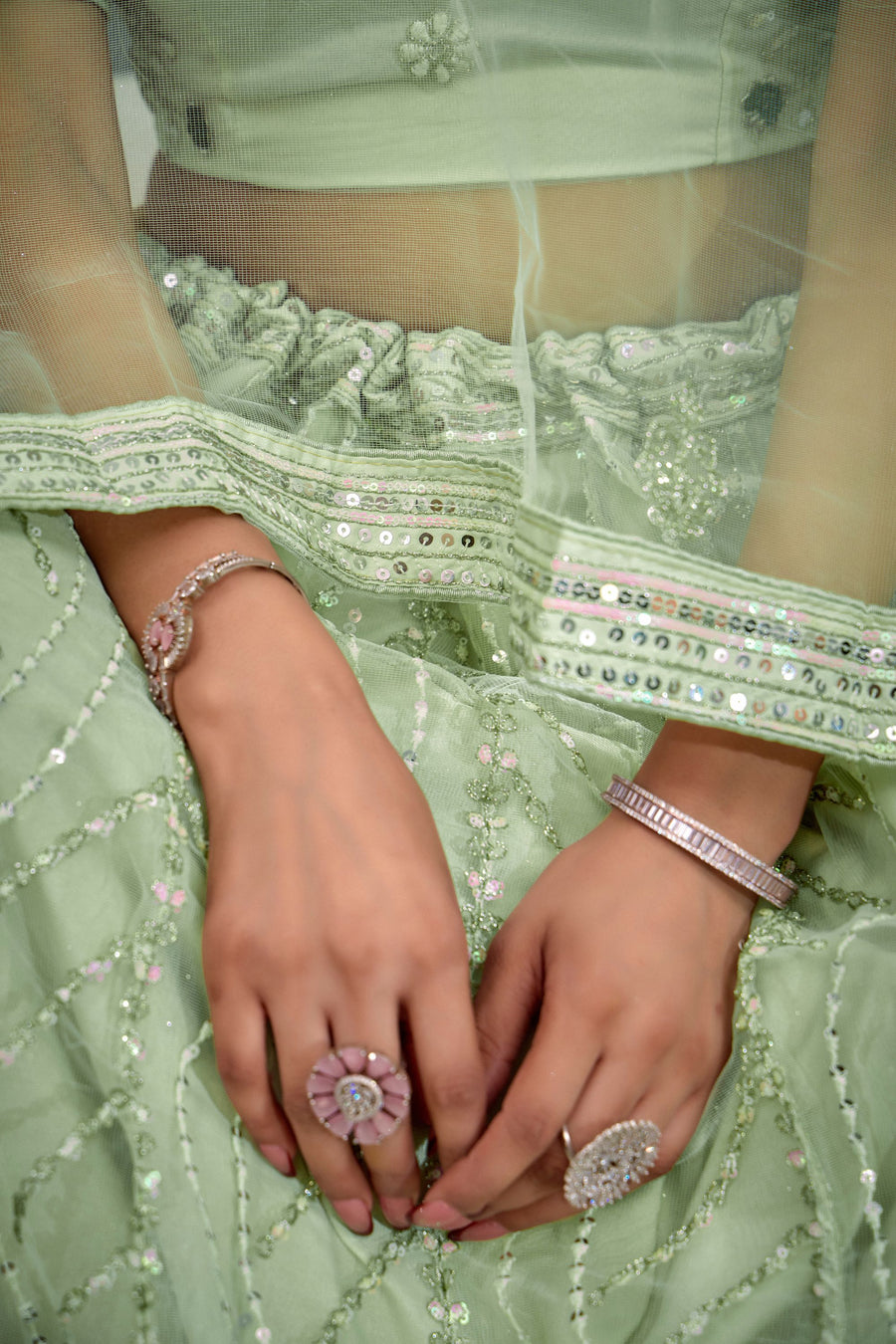 Light Pista Net Lehenga Choli For Indian Festival & Weddings - Thread Embroidery Work, Sequence Embroidery Work