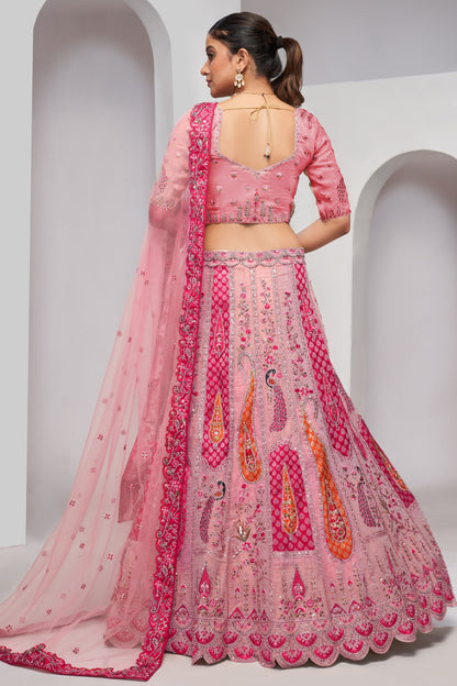 Pink Zari Silk Lehenga Choli For Indian Festivals & Weddings - Sequins Work, Patch Work, Zarkan Work, Thread Work