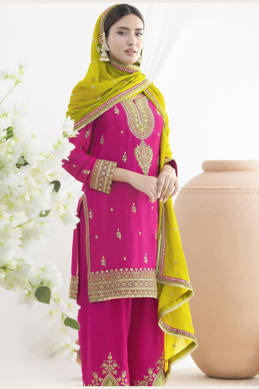 Pink Chinon Silk Farshi Salwar Kameez For Indian & Pakistani Wedding Festival - Real Mirror Work, Sequence Embroidery Work, Dori Work