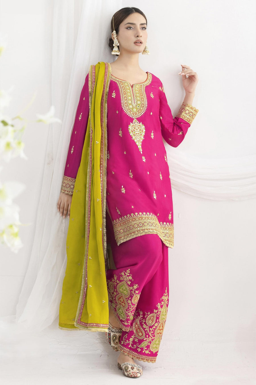 Pink Chinon Silk Farshi Salwar Kameez For Indian & Pakistani Wedding Festival - Real Mirror Work, Sequence Embroidery Work, Dori Work