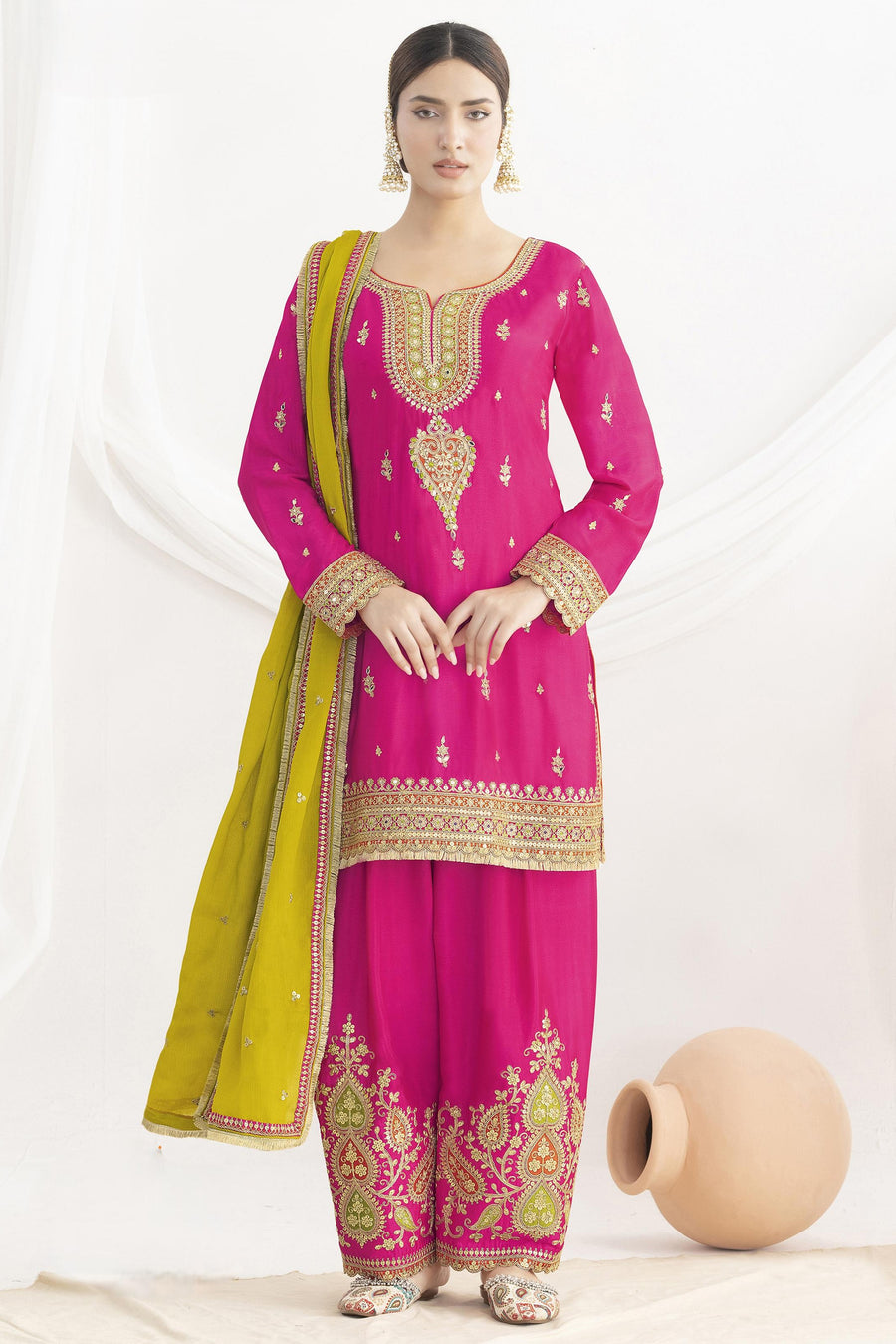 Pink Chinon Silk Farshi Salwar Kameez For Indian & Pakistani Wedding Festival - Real Mirror Work, Sequence Embroidery Work, Dori Work