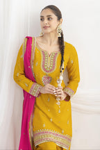 Golden Chinon Silk Farshi Salwar Kameez For Indian & Pakistani Wedding Festival - Real Mirror Work, Sequence Embroidery Work, Dori Work