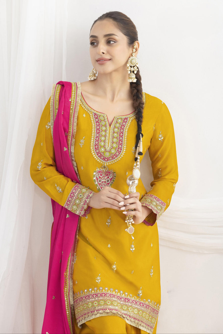 Golden Chinon Silk Farshi Salwar Kameez For Indian & Pakistani Wedding Festival - Real Mirror Work, Sequence Embroidery Work, Dori Work