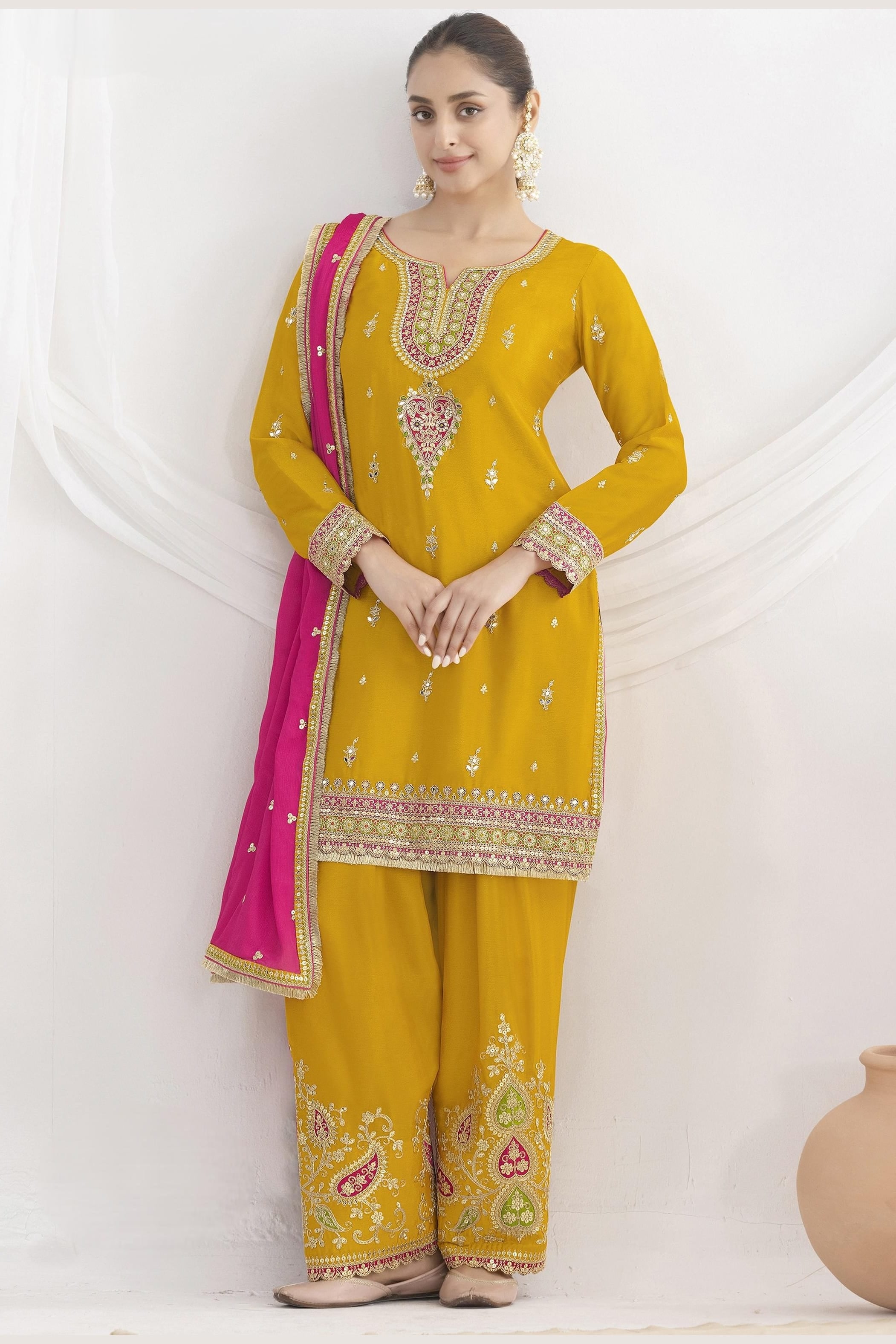 Golden Chinon Silk Farshi Salwar Kameez For Indian & Pakistani Wedding Festival - Real Mirror Work, Sequence Embroidery Work, Dori Work