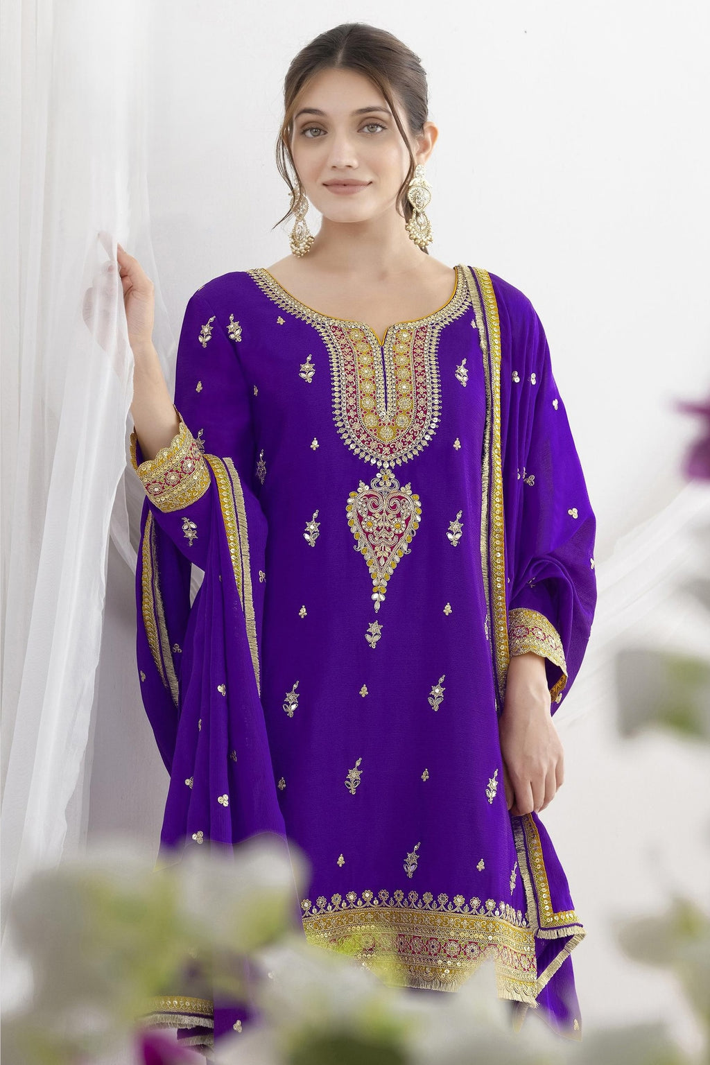 Purple  Chinon Silk Farshi Salwar Kameez For Indian & Pakistani Wedding Festival - Real Mirror Work, Sequence Embroidery Work, Dori Work