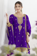 Purple  Chinon Silk Farshi Salwar Kameez For Indian & Pakistani Wedding Festival - Real Mirror Work, Sequence Embroidery Work, Dori Work