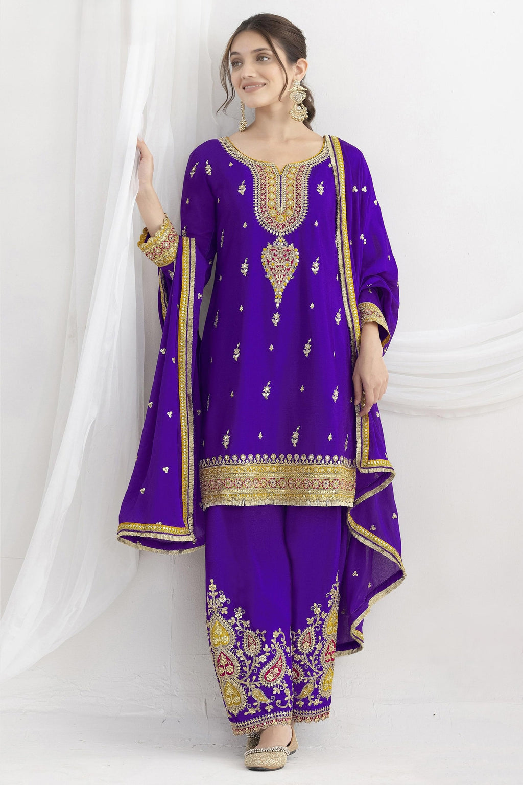 Purple  Chinon Silk Farshi Salwar Kameez For Indian & Pakistani Wedding Festival - Real Mirror Work, Sequence Embroidery Work, Dori Work