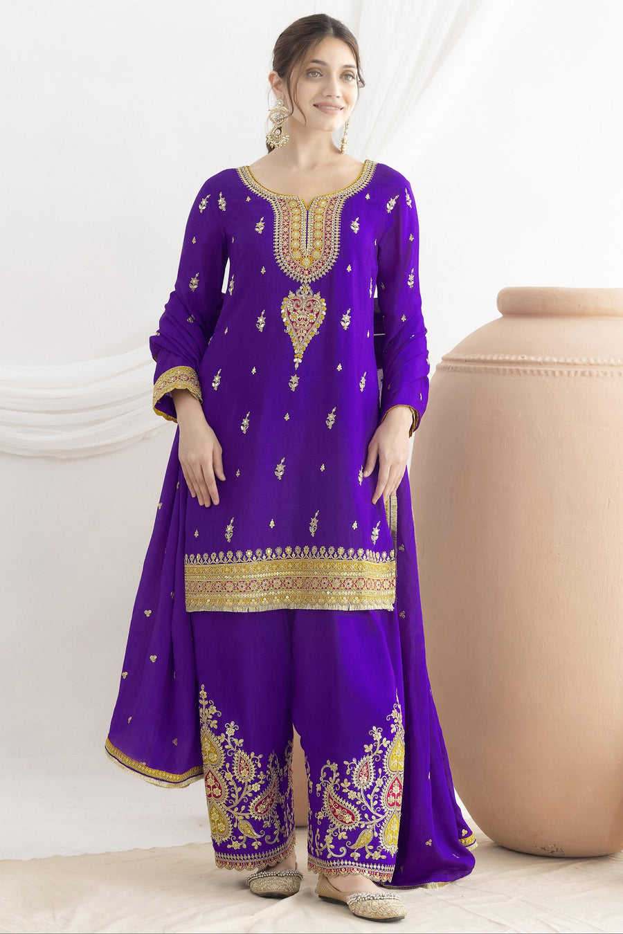 Purple Chinon Silk Farshi Salwar Kameez For Indian & Pakistani Wedding Festival - Real Mirror Work, Sequence Embroidery Work, Dori Work