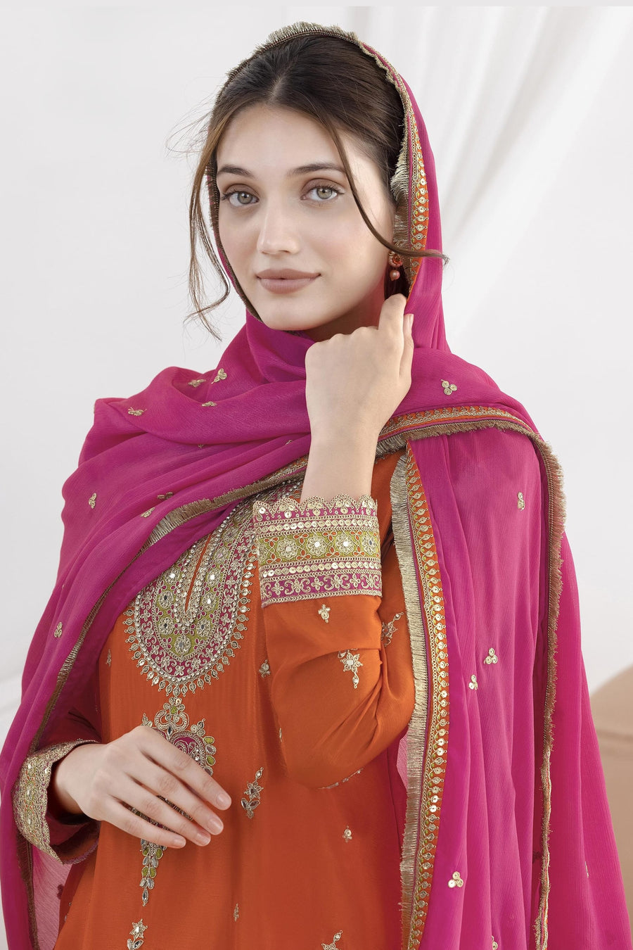 Orange Chinon Silk Farshi Salwar Kameez For Indian & Pakistani Wedding Festival - Real Mirror Work, Sequence Embroidery Work, Dori Work