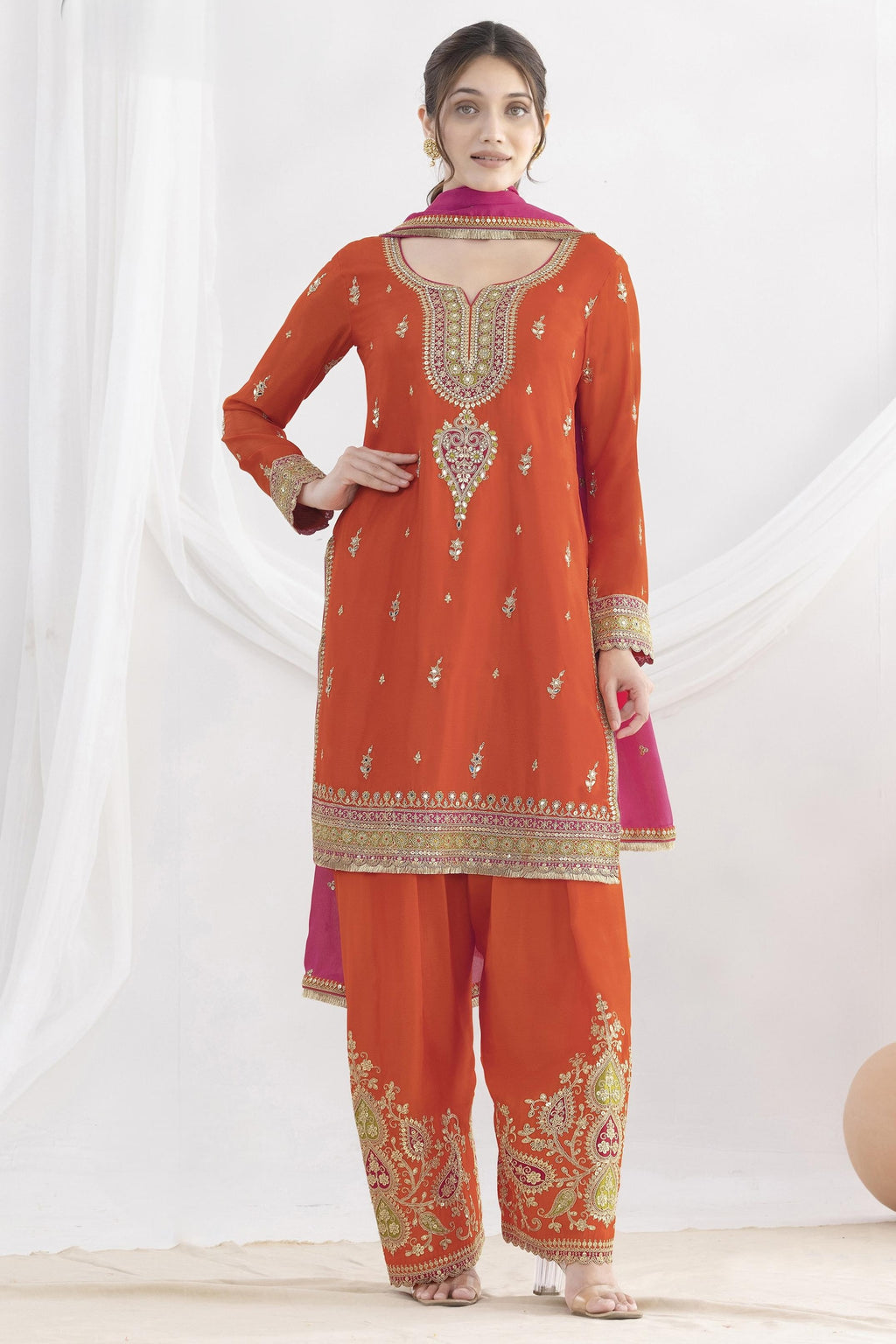 Orange Chinon Silk Farshi Salwar Kameez For Indian & Pakistani Wedding Festival - Real Mirror Work, Sequence Embroidery Work, Dori Work