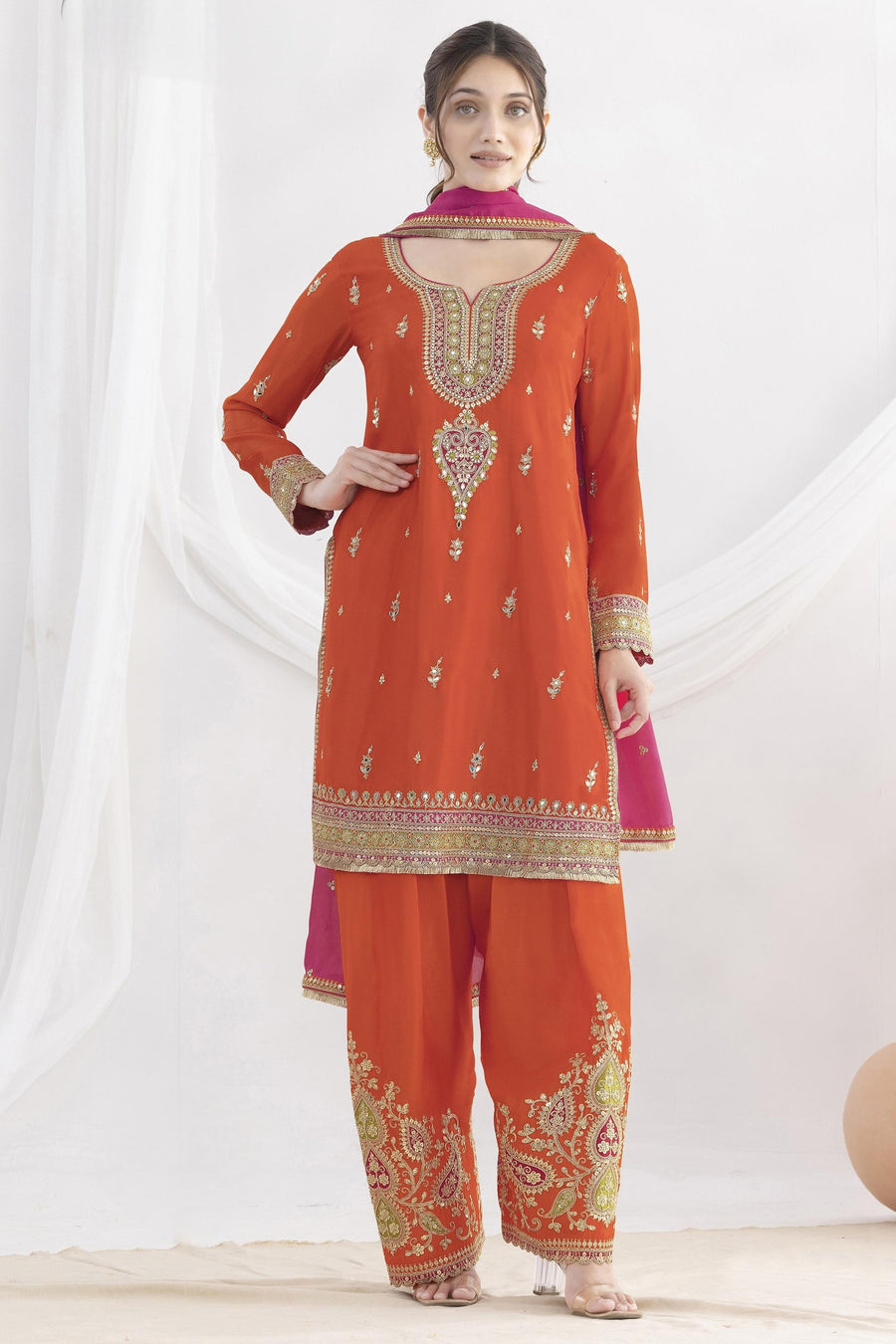 Orange Chinon Silk Farshi Salwar Kameez For Indian & Pakistani Wedding Festival - Real Mirror Work, Sequence Embroidery Work, Dori Work
