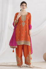 Orange Chinon Silk Farshi Salwar Kameez For Indian & Pakistani Wedding Festival - Real Mirror Work, Sequence Embroidery Work, Dori Work