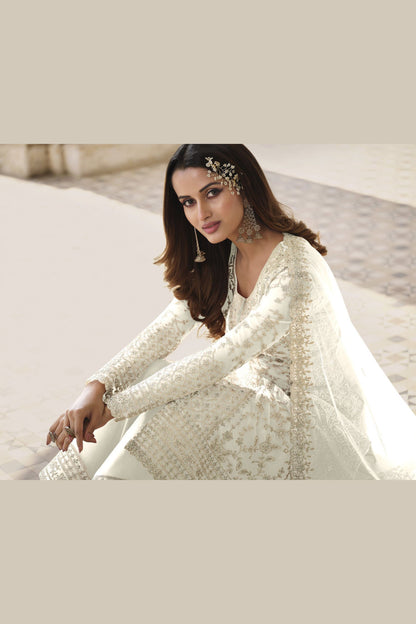 White Net & Cording Work Salwar Kameez Plazzo Suit For Indian Wedding & Festival - Embroidery Work, Cording Work