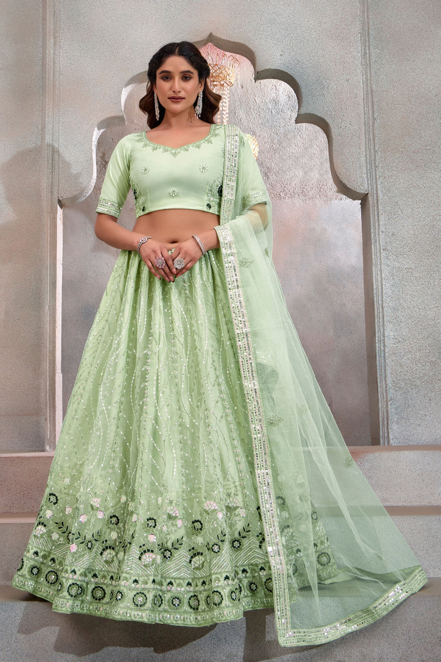 Light Pista Net Lehenga Choli For Indian Festival & Weddings - Thread Embroidery Work, Sequence Embroidery Work