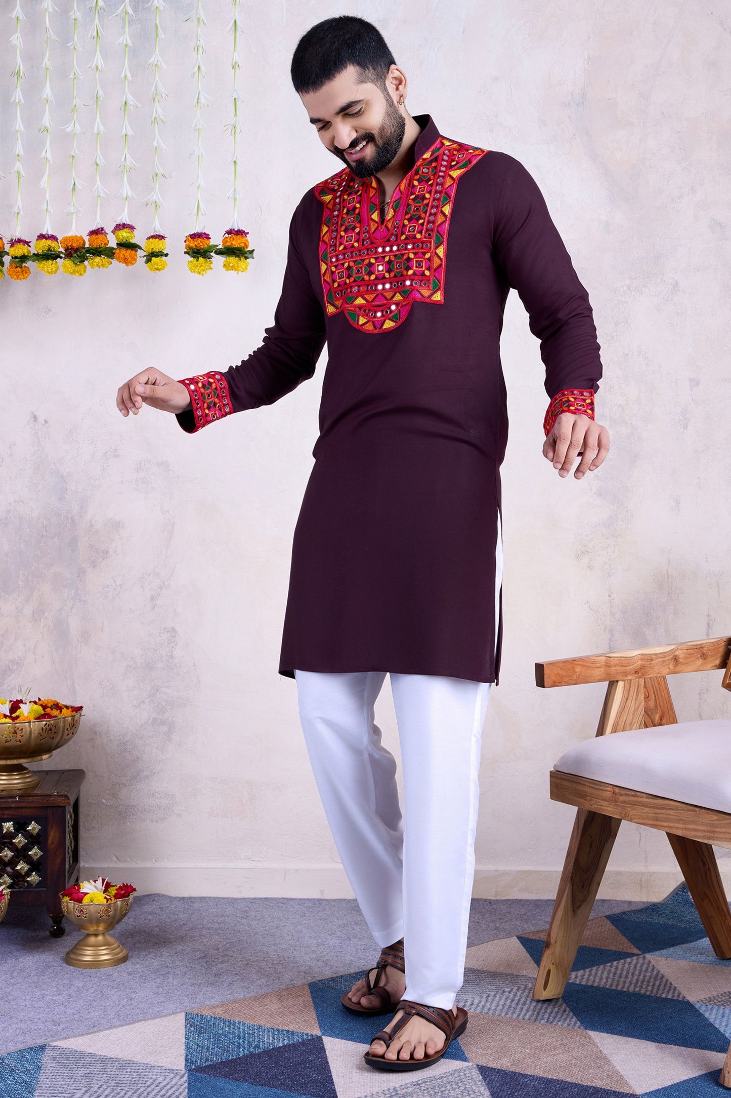 Purple Rayon Kurta Pyjama for Men For Navratri Garba Festivals - Embroidery Work, Real Mirror Work