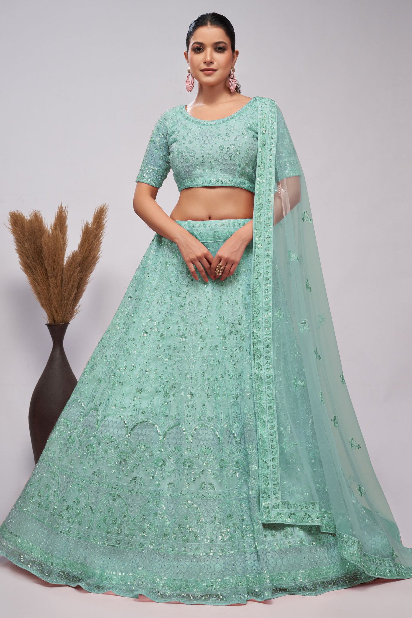 Seafoam Green Soft Net Lehenga Choli For Indian Festivals & Weddings - Sequins Work, Bead Work