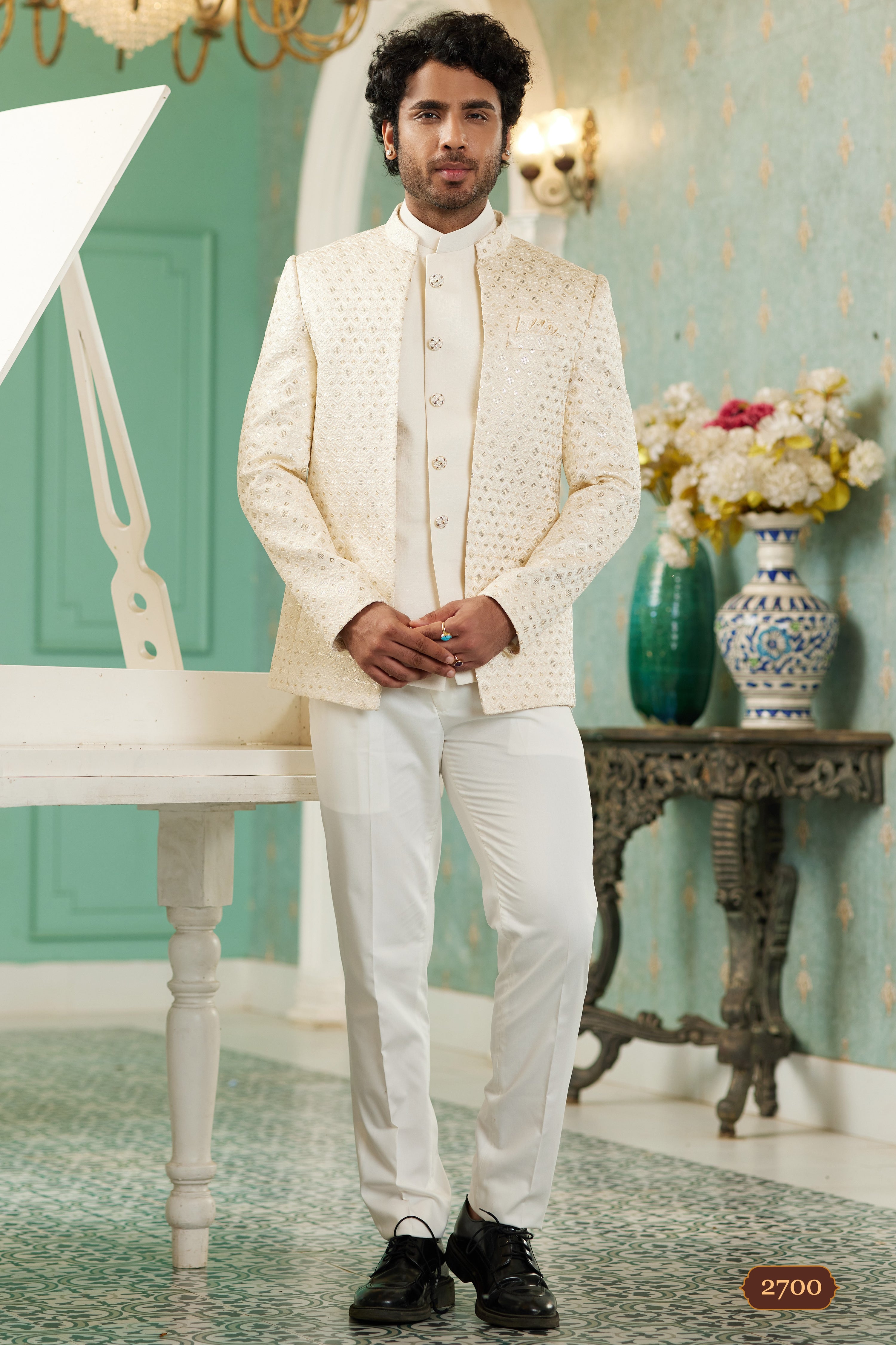 Cream Art Silk Traditional Jodhpuri Suits with Jacket & Pant for Men for Wedding - Thread Embroidery Work