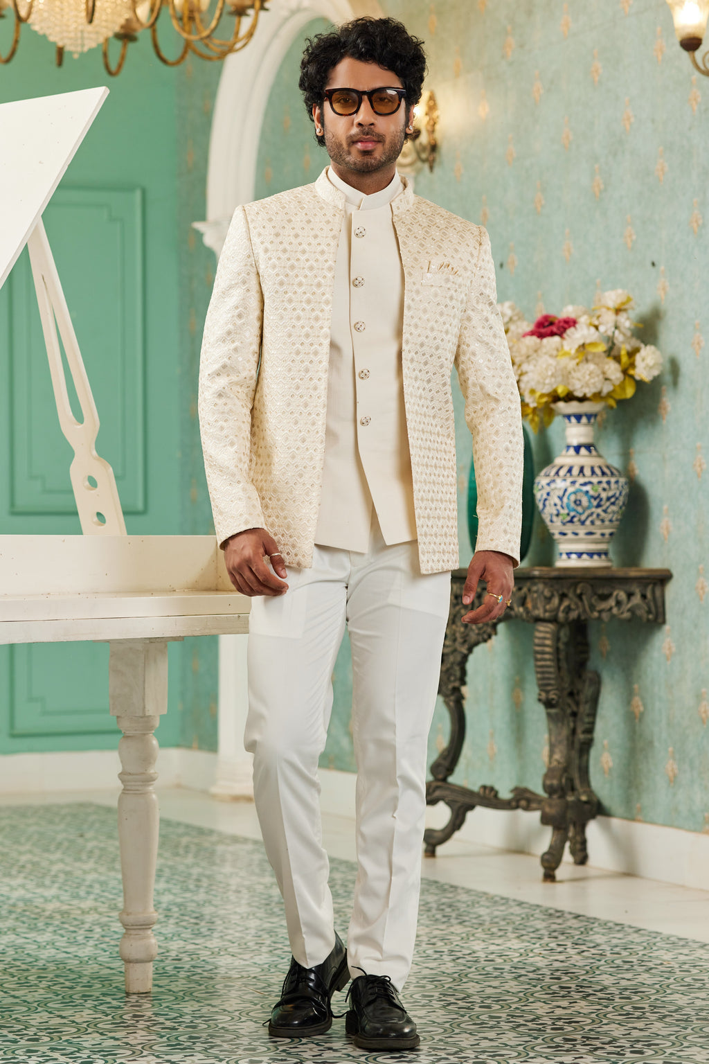 Cream Art Silk Traditional Jodhpuri Suits with Jacket & Pant for Men for Wedding - Thread Embroidery Work