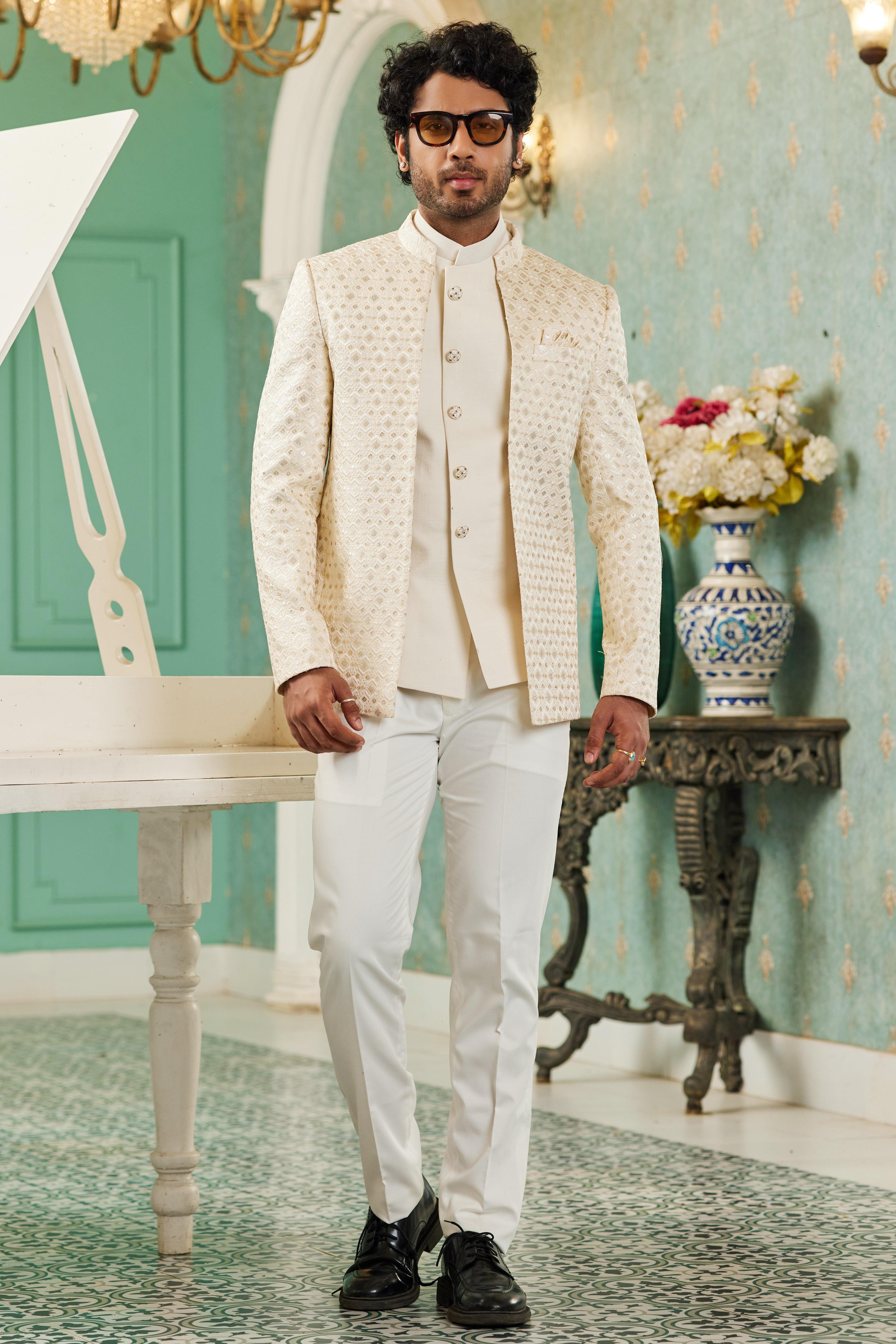 Cream Art Silk Traditional Jodhpuri Suits with Jacket & Pant for Men for Wedding - Thread Embroidery Work
