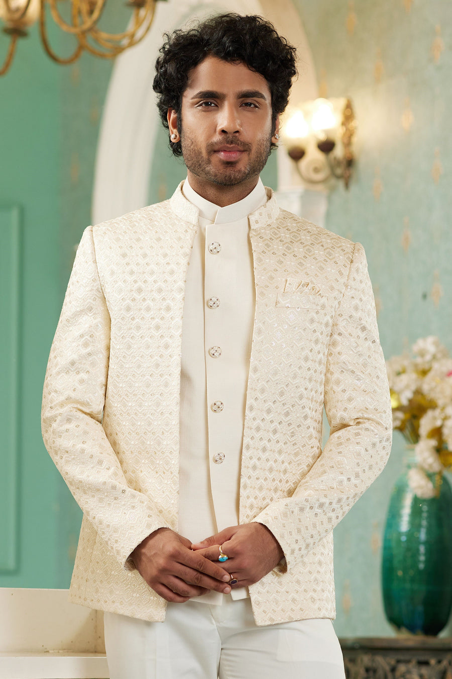 Cream Art Silk Traditional Jodhpuri Suits with Jacket & Pant for Men for Wedding - Thread Embroidery Work