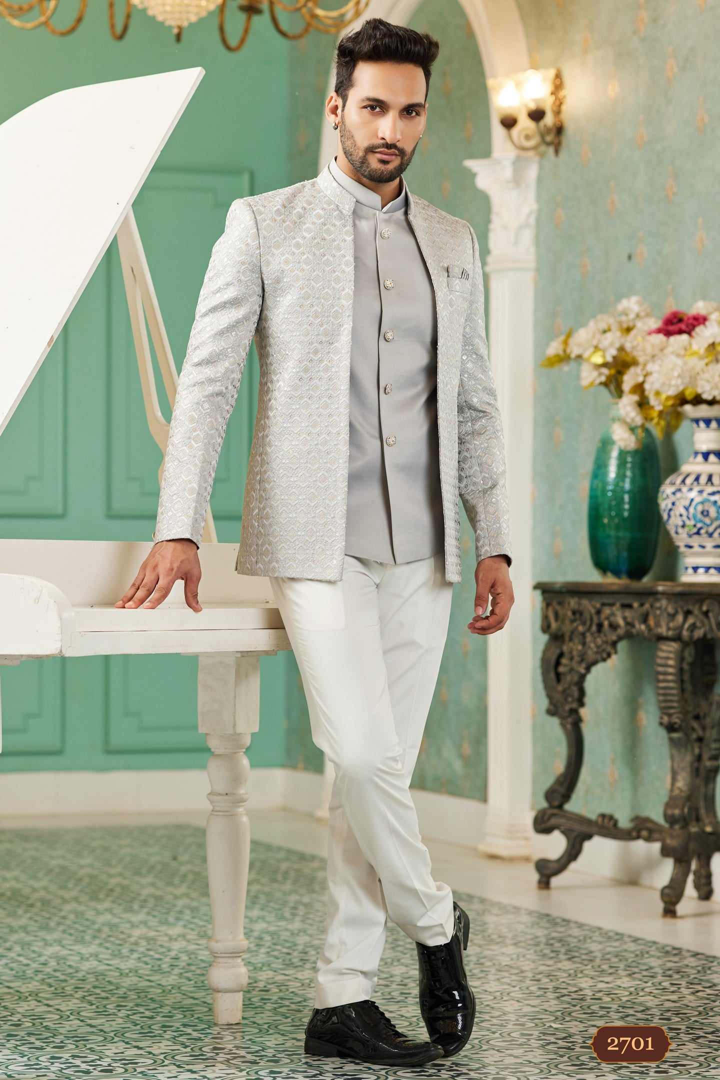Gray Art Silk Traditional Jodhpuri Suits with Jacket & Pant for Men for Wedding - Thread Embroidery Work
