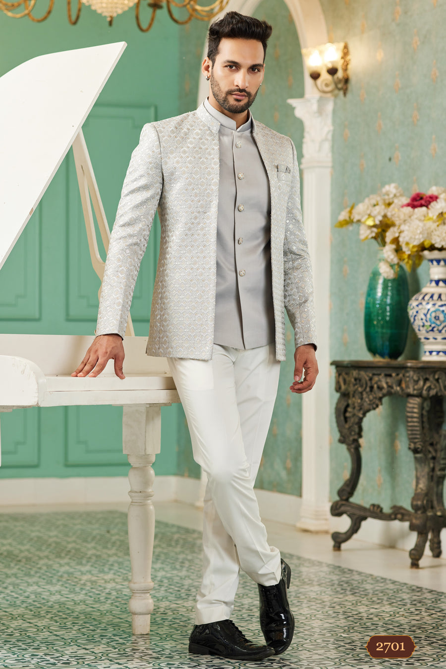 Gray Art Silk Traditional Jodhpuri Suits with Jacket & Pant for Men for Wedding - Thread Embroidery Work