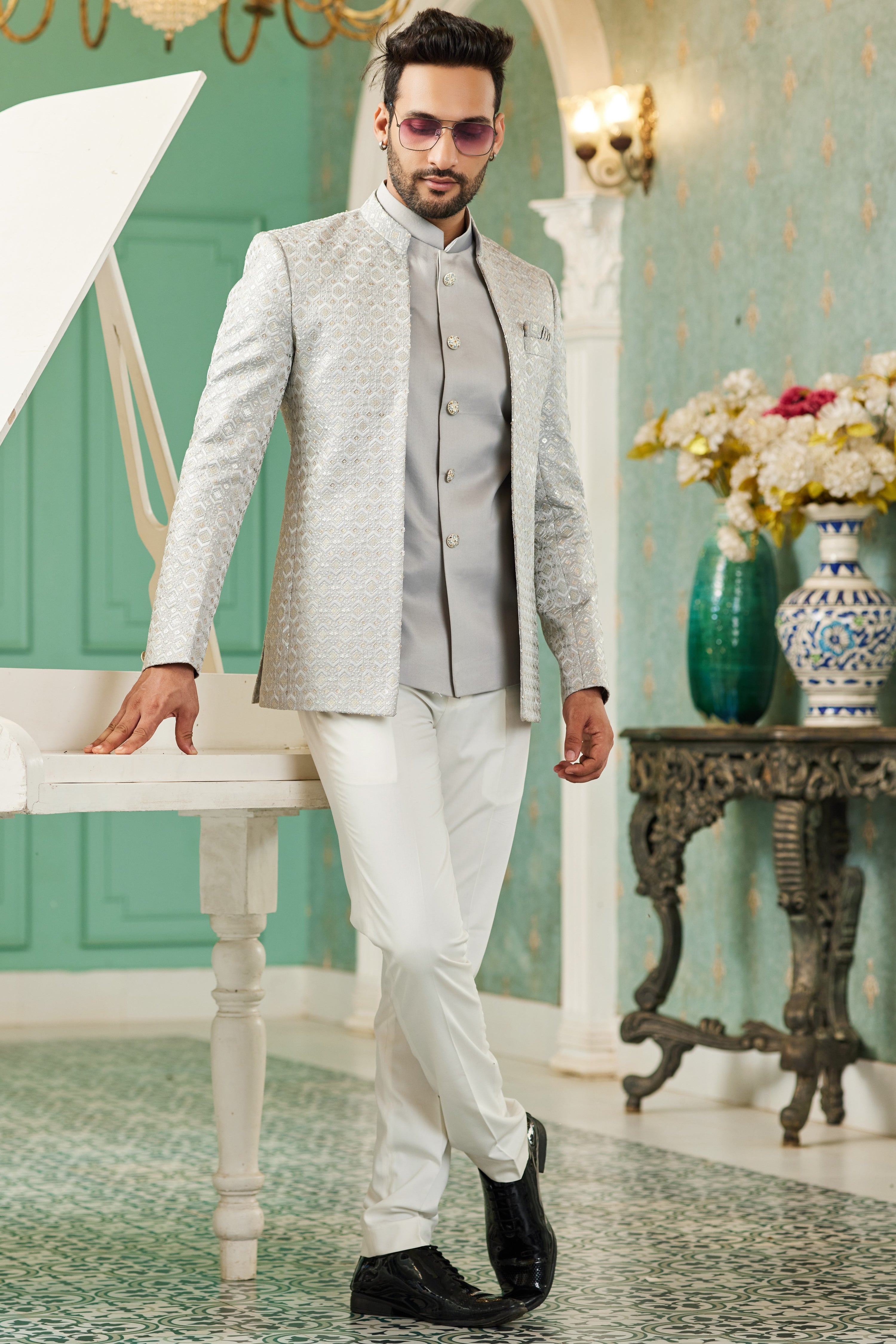 Gray Art Silk Traditional Jodhpuri Suits with Jacket & Pant for Men for Wedding - Thread Embroidery Work