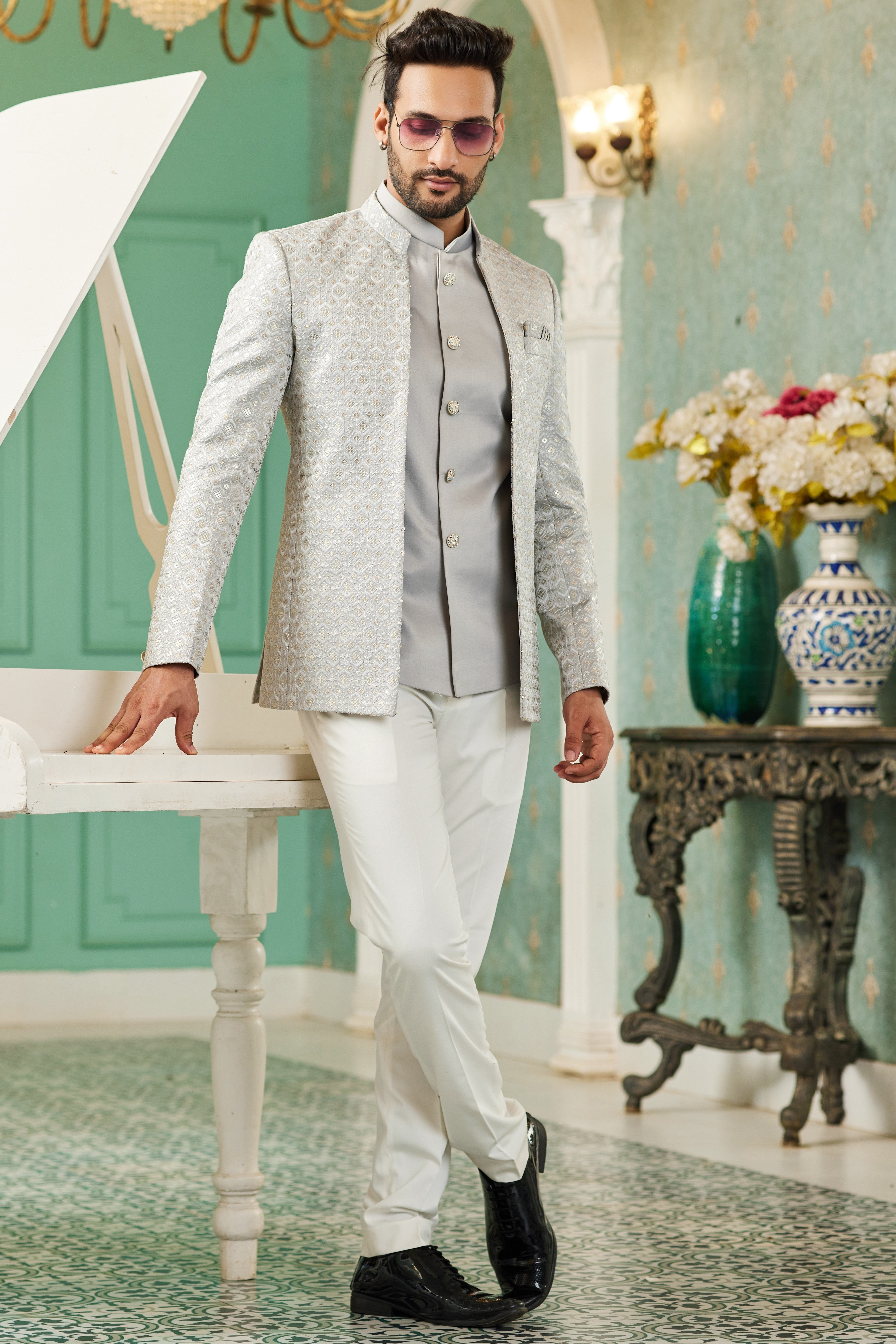 Gray Art Silk Traditional Jodhpuri Suits with Jacket & Pant for Men for Wedding - Thread Embroidery Work