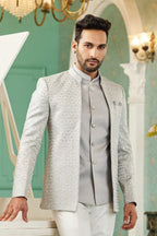 Gray Art Silk Traditional Jodhpuri Suits with Jacket & Pant for Men for Wedding - Thread Embroidery Work
