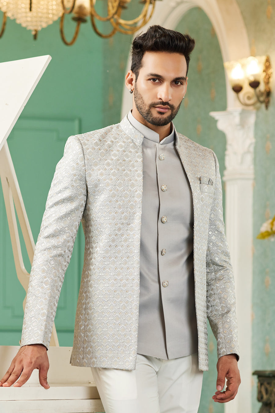 Gray Art Silk Traditional Jodhpuri Suits with Jacket & Pant for Men for Wedding - Thread Embroidery Work