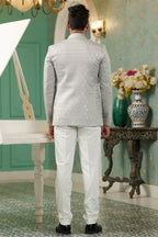 Gray Art Silk Traditional Jodhpuri Suits with Jacket & Pant for Men for Wedding - Thread Embroidery Work