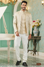 Beige Art Silk Traditional Jodhpuri Suits with Jacket & Pant for Men for Wedding - Thread Embroidery Work