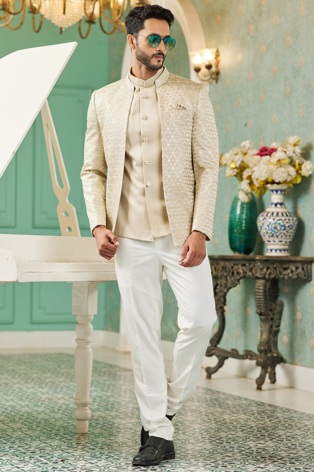 Beige Art Silk Traditional Jodhpuri Suits with Jacket & Pant for Men for Wedding - Thread Embroidery Work