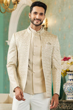 Beige Art Silk Traditional Jodhpuri Suits with Jacket & Pant for Men for Wedding - Thread Embroidery Work