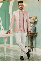 Pink Art Silk Traditional Jodhpuri Suits with Jacket & Pant for Men for Wedding - Thread Embroidery Work
