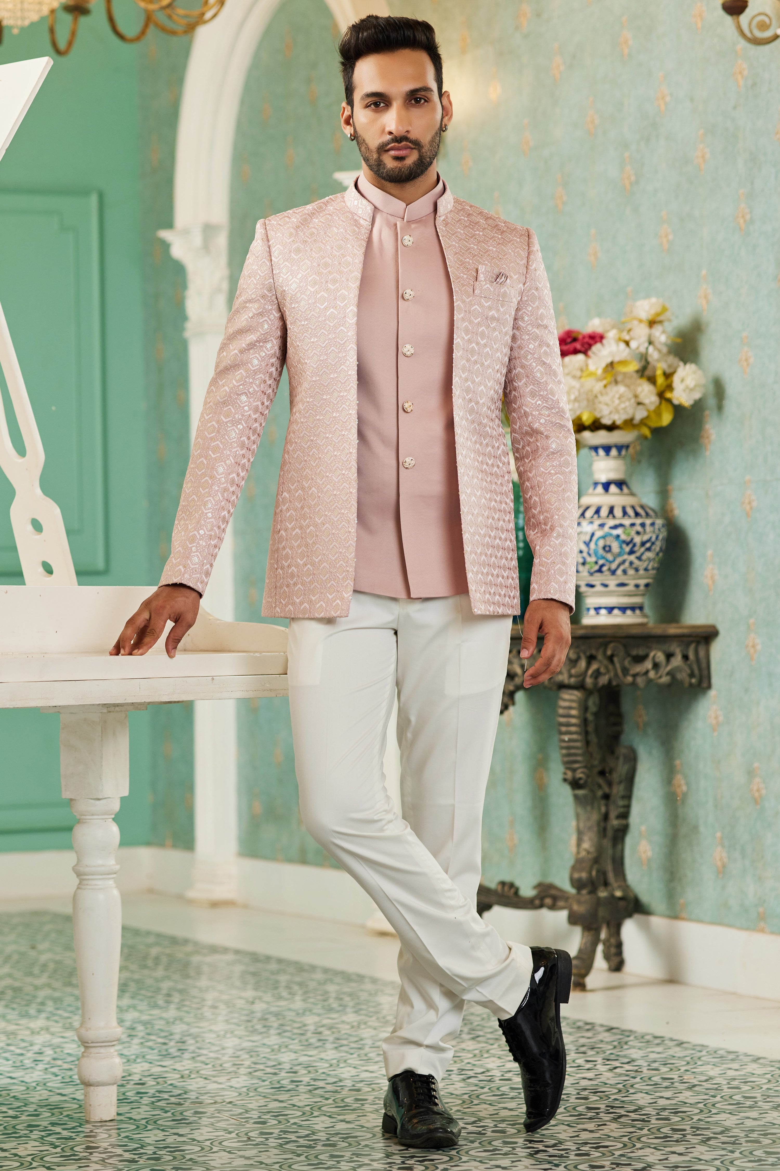 Pink Art Silk Traditional Jodhpuri Suits with Jacket & Pant for Men for Wedding - Thread Embroidery Work