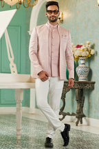 Pink Art Silk Traditional Jodhpuri Suits with Jacket & Pant for Men for Wedding - Thread Embroidery Work