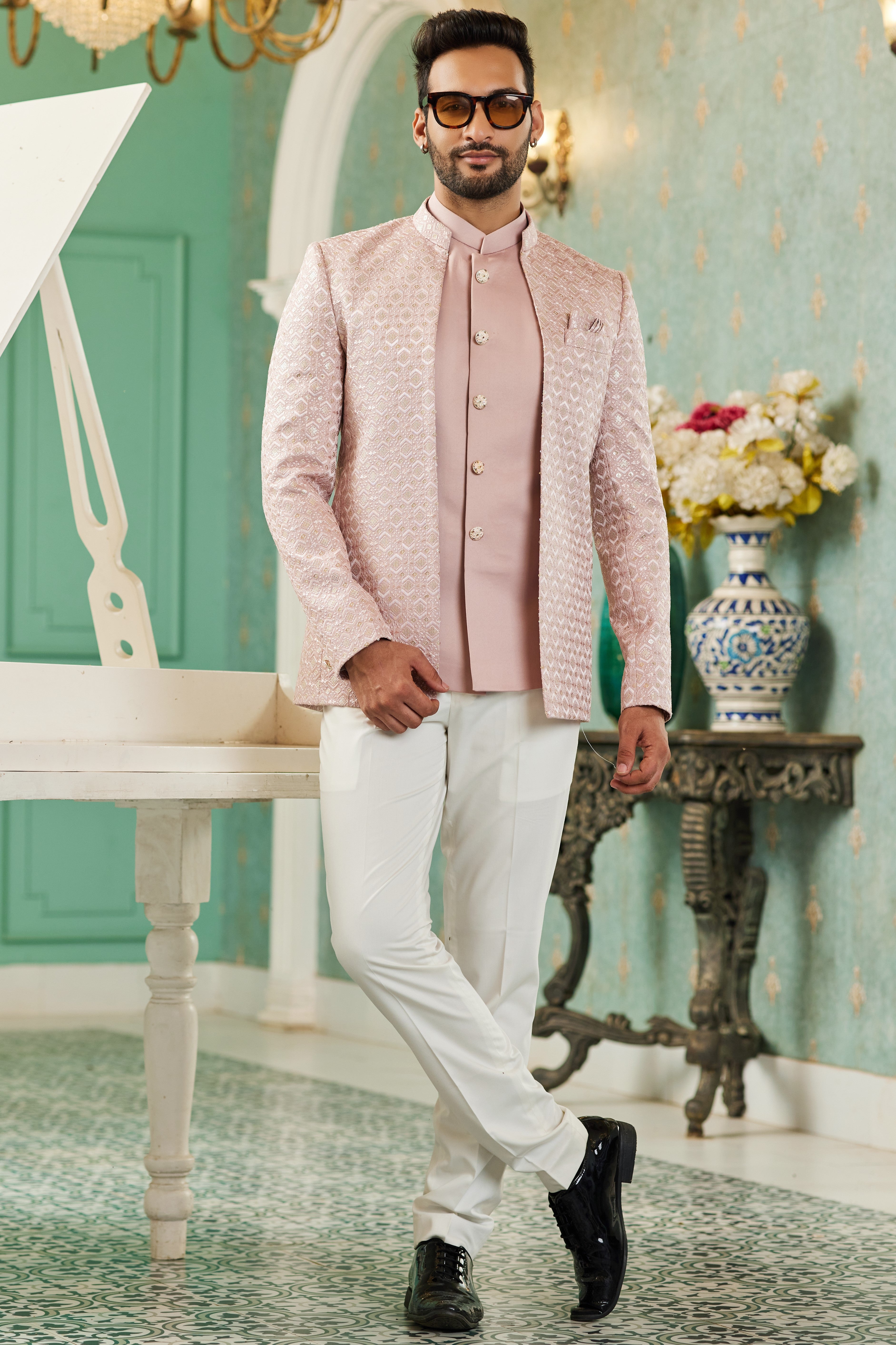 Pink Art Silk Traditional Jodhpuri Suits with Jacket & Pant for Men for Wedding - Thread Embroidery Work