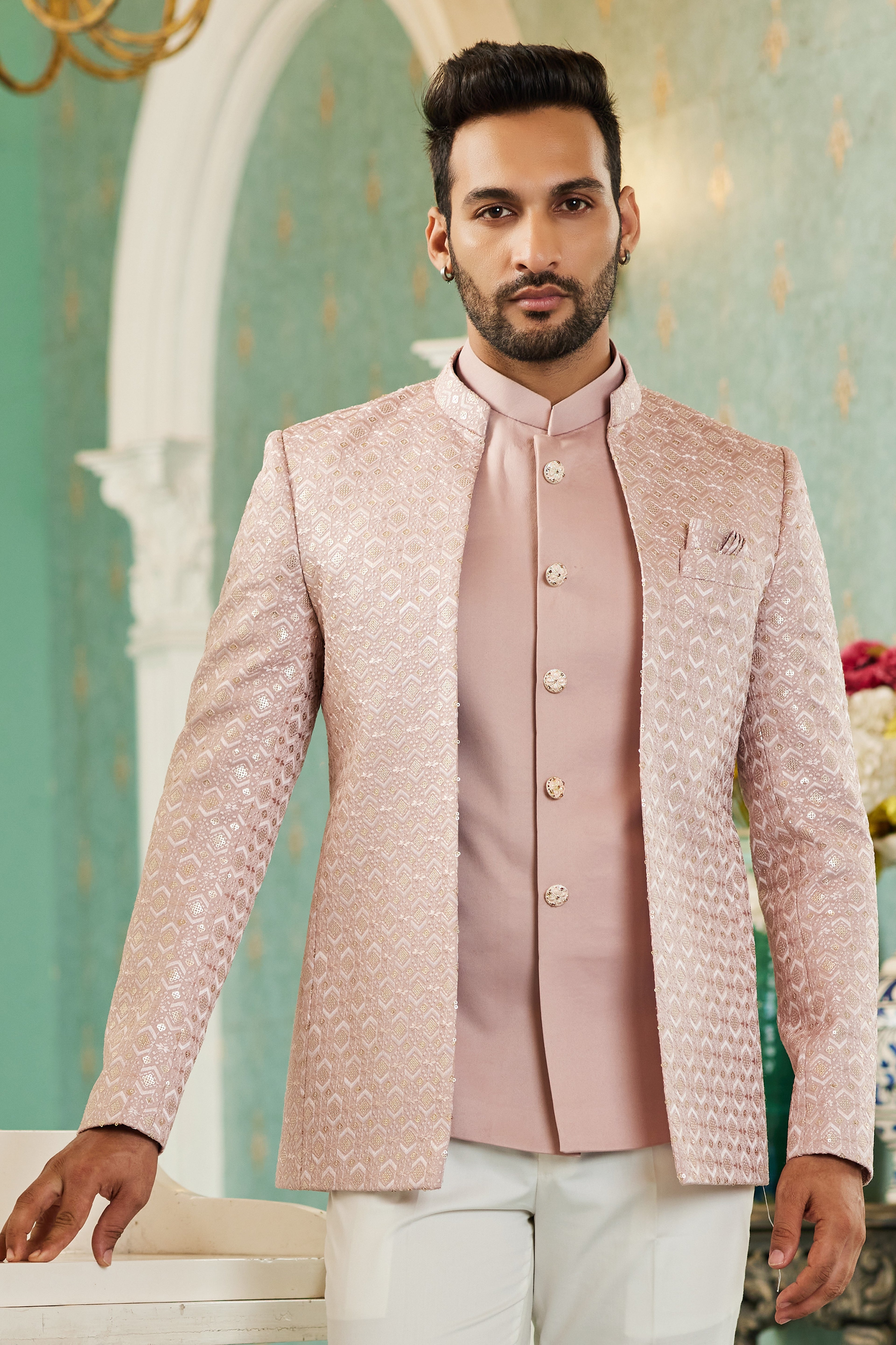 Pink Art Silk Traditional Jodhpuri Suits with Jacket & Pant for Men for Wedding - Thread Embroidery Work