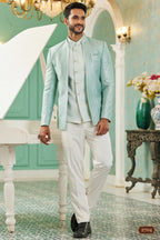 Light Blue Art Silk Traditional Jodhpuri Suits with Jacket & Pant for Men for Wedding - Thread Embroidery Work