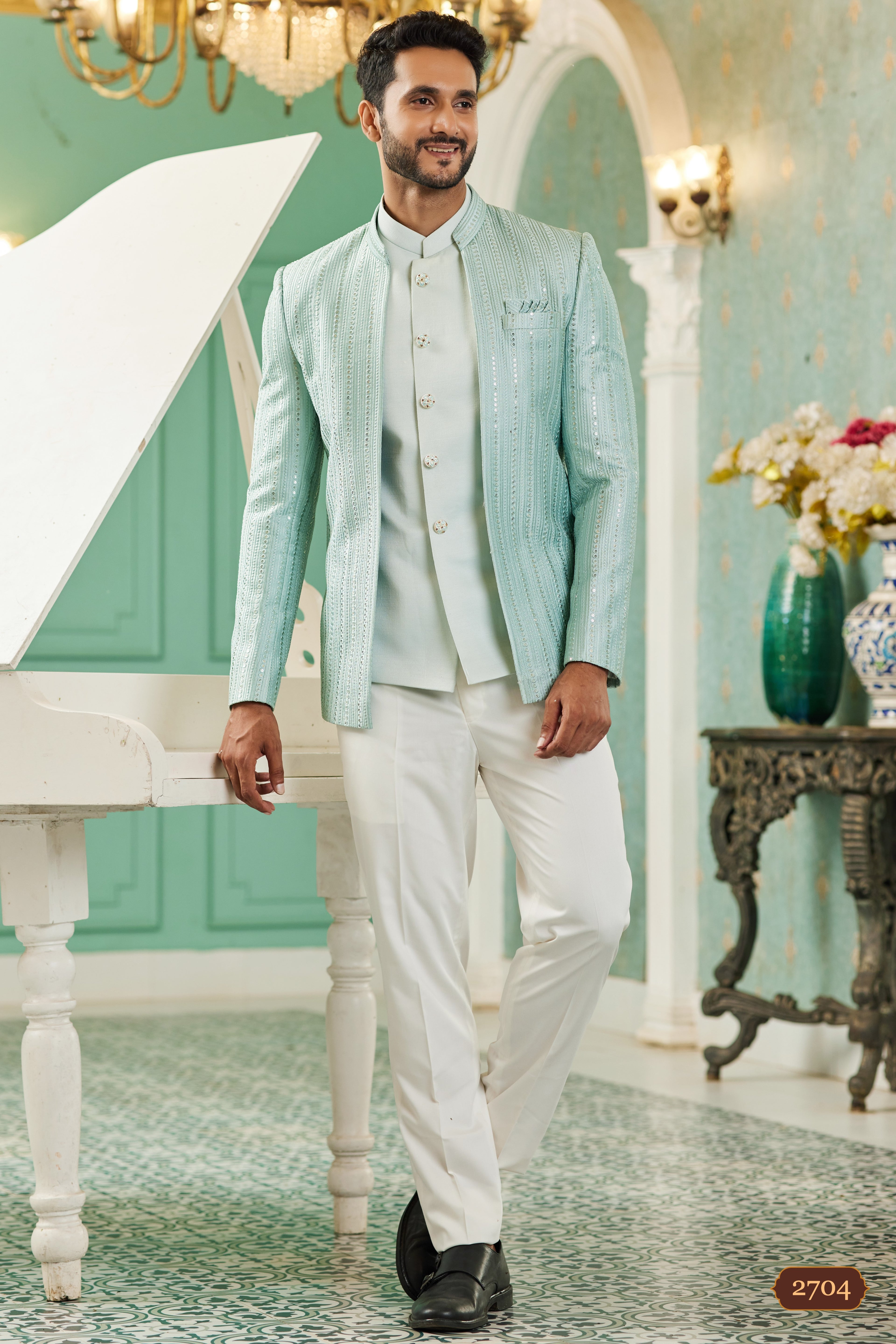 Light Blue Art Silk Traditional Jodhpuri Suits with Jacket & Pant for Men for Wedding - Thread Embroidery Work