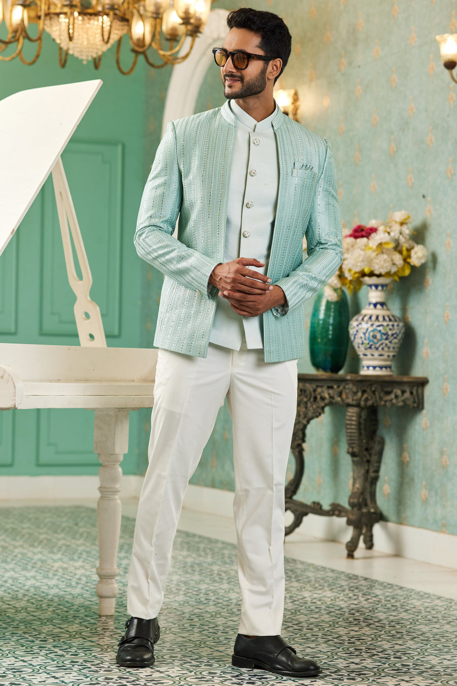 Light Blue Art Silk Traditional Jodhpuri Suits with Jacket & Pant for Men for Wedding - Thread Embroidery Work