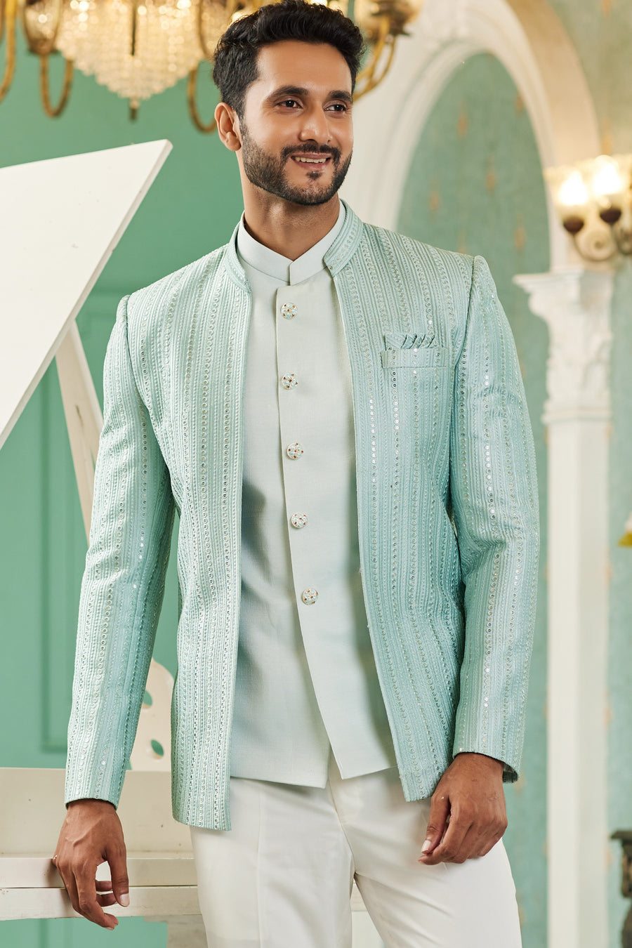 Light Blue Art Silk Traditional Jodhpuri Suits with Jacket & Pant for Men for Wedding - Thread Embroidery Work