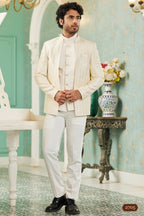Cream Art Silk Traditional Jodhpuri Suits with Jacket & Pant for Men for Wedding - Thread Embroidery Work