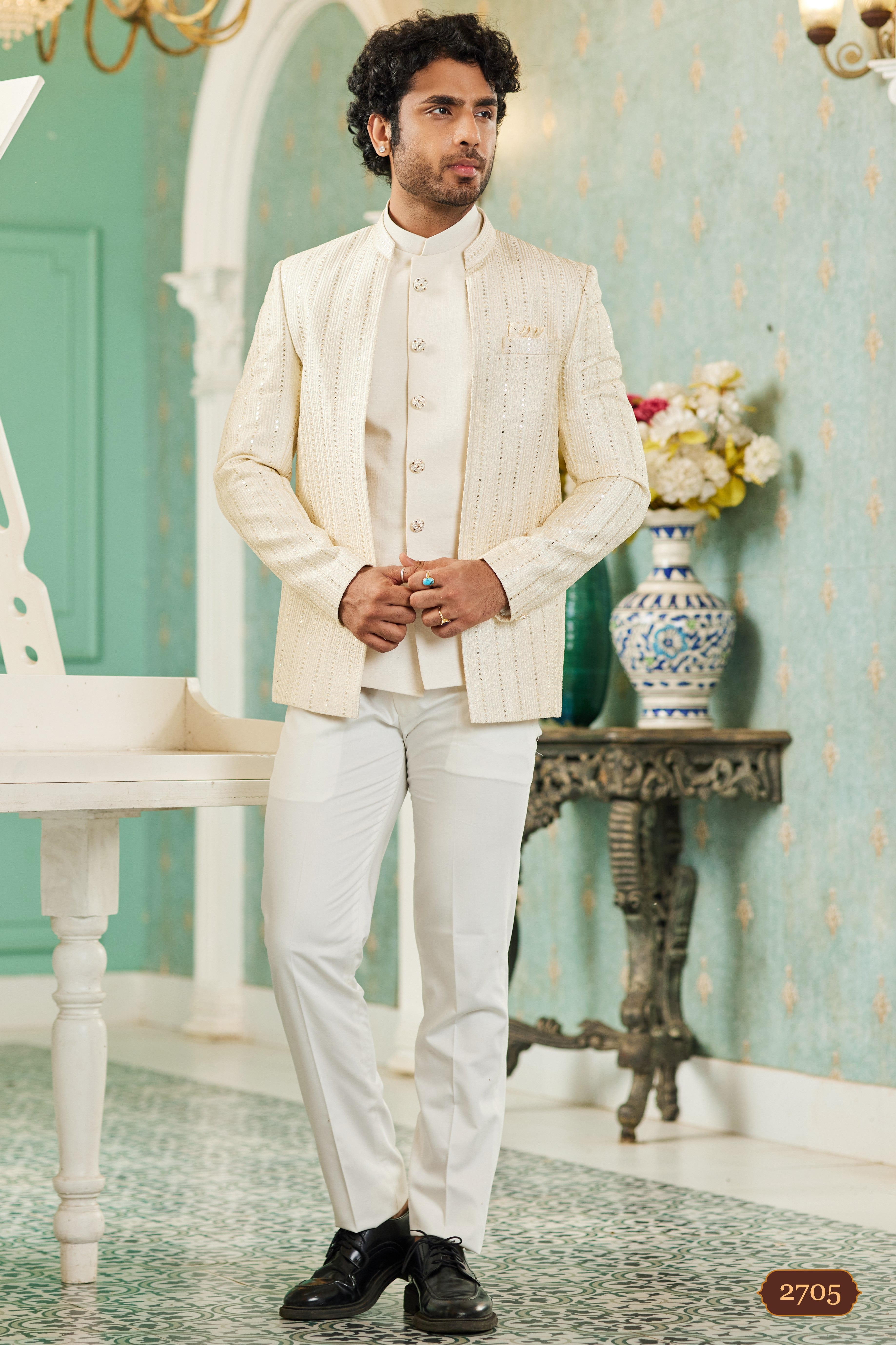Cream Art Silk Traditional Jodhpuri Suits with Jacket & Pant for Men for Wedding - Thread Embroidery Work