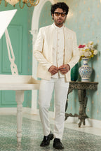 Cream Art Silk Traditional Jodhpuri Suits with Jacket & Pant for Men for Wedding - Thread Embroidery Work