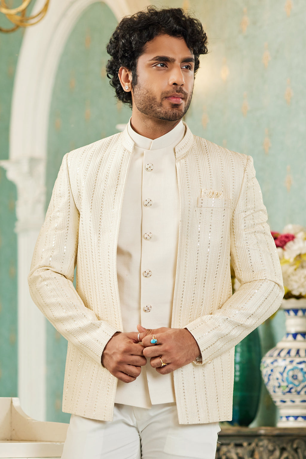 Cream Art Silk Traditional Jodhpuri Suits with Jacket & Pant for Men for Wedding - Thread Embroidery Work