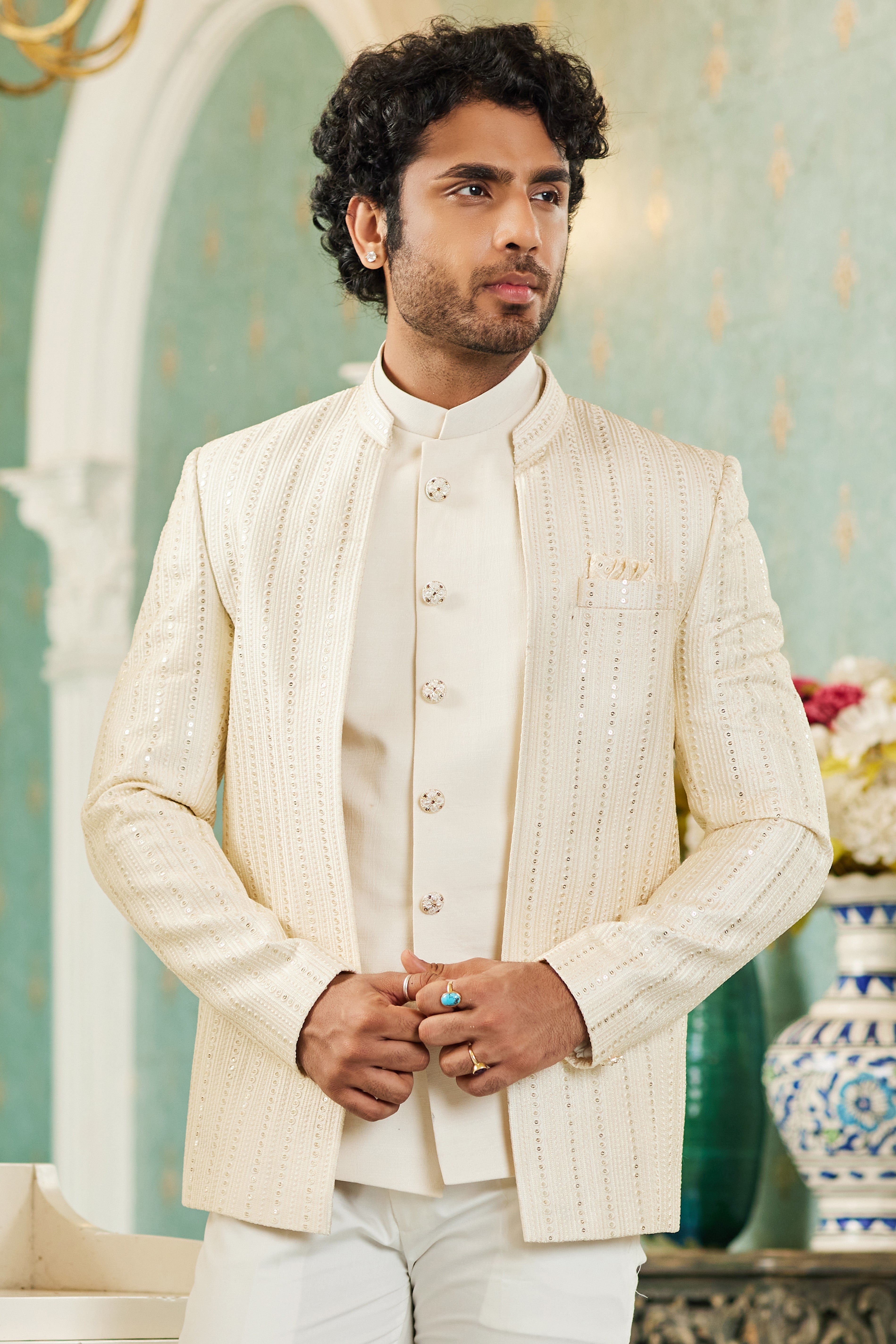 Cream Art Silk Traditional Jodhpuri Suits with Jacket & Pant for Men for Wedding - Thread Embroidery Work