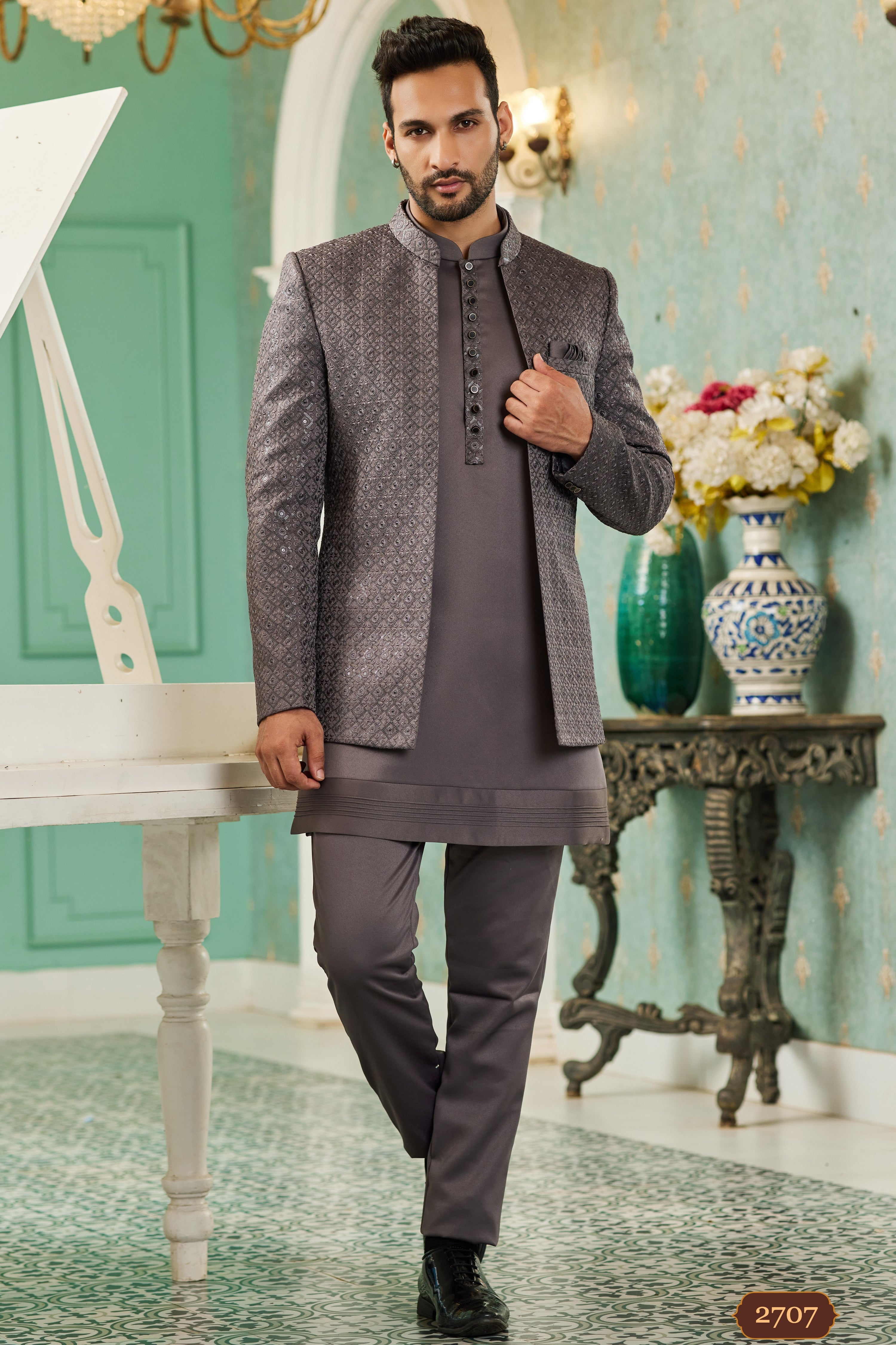 Blackish Brown Art Silk Traditional Jodhpuri Suits with Jacket & Pant for Men for Wedding - Thread Embroidery Work